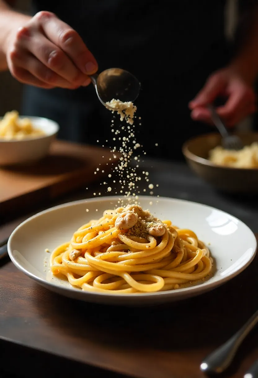 Steaming plate of creamy spaghetti carbonara with guanciale, cheese, and black pepper on a cozy kitchen table.