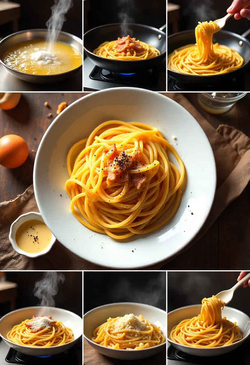 Collage showing key steps of cooking carbonara: boiling pasta, frying guanciale, whisking eggs with cheese, and mixing it all into creamy sauce.
