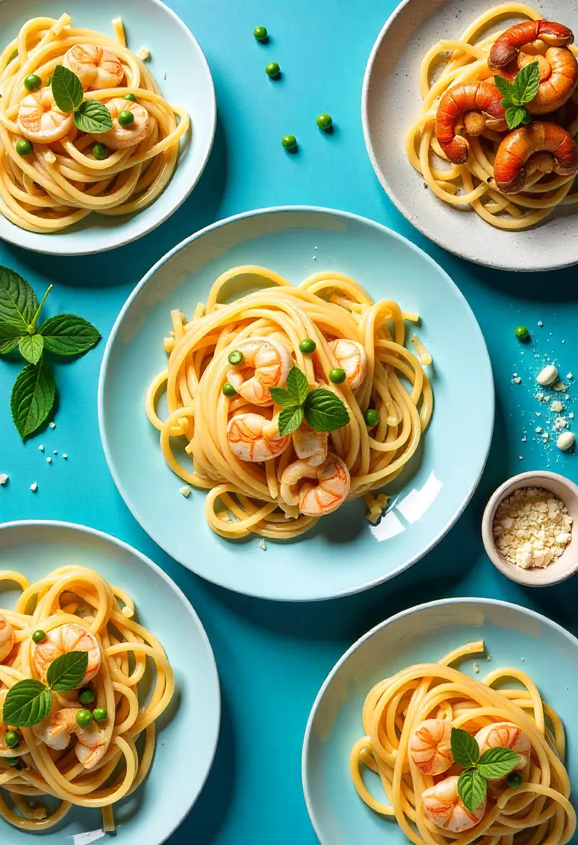Collage showing vegetarian and seafood carbonara variations with mushrooms, peas, shrimp, and optional cream.