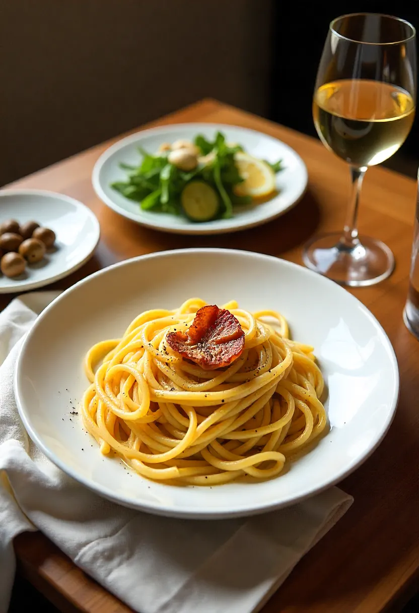 Collage of carbonara with white and red wine, sparkling water, salad, roasted vegetables, bread, and optional mushrooms and olives.