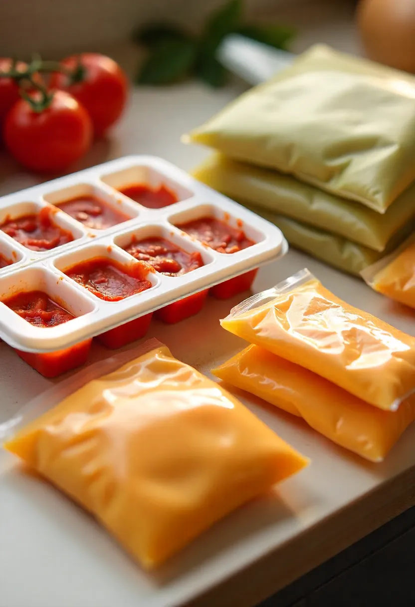 Realistic photo of frozen ingredients stored in ice cube trays and labeled zip-top bags, showing portioned prep for easy cooking.
