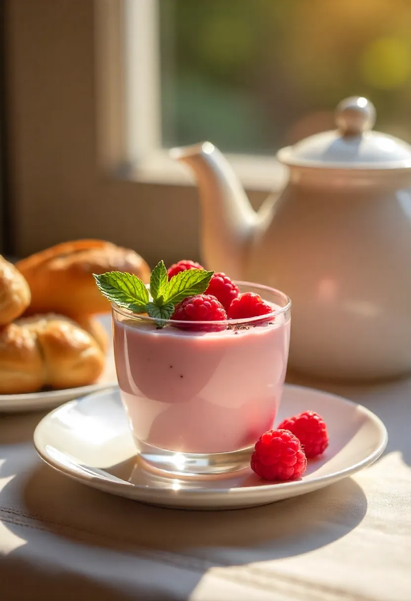 French raspberry mousse Mousse à la framboise in glass cups with fresh raspberries, mint, and chocolate shavings on a bright breakfast table.