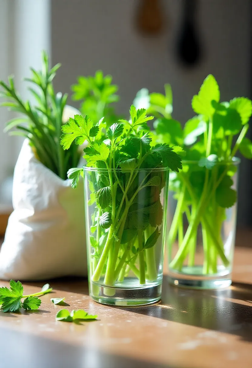 Realistic photo of fresh herbs stored in different ways—wrapped in paper towels, in a glass of water, and frozen in ice cube trays with oil.