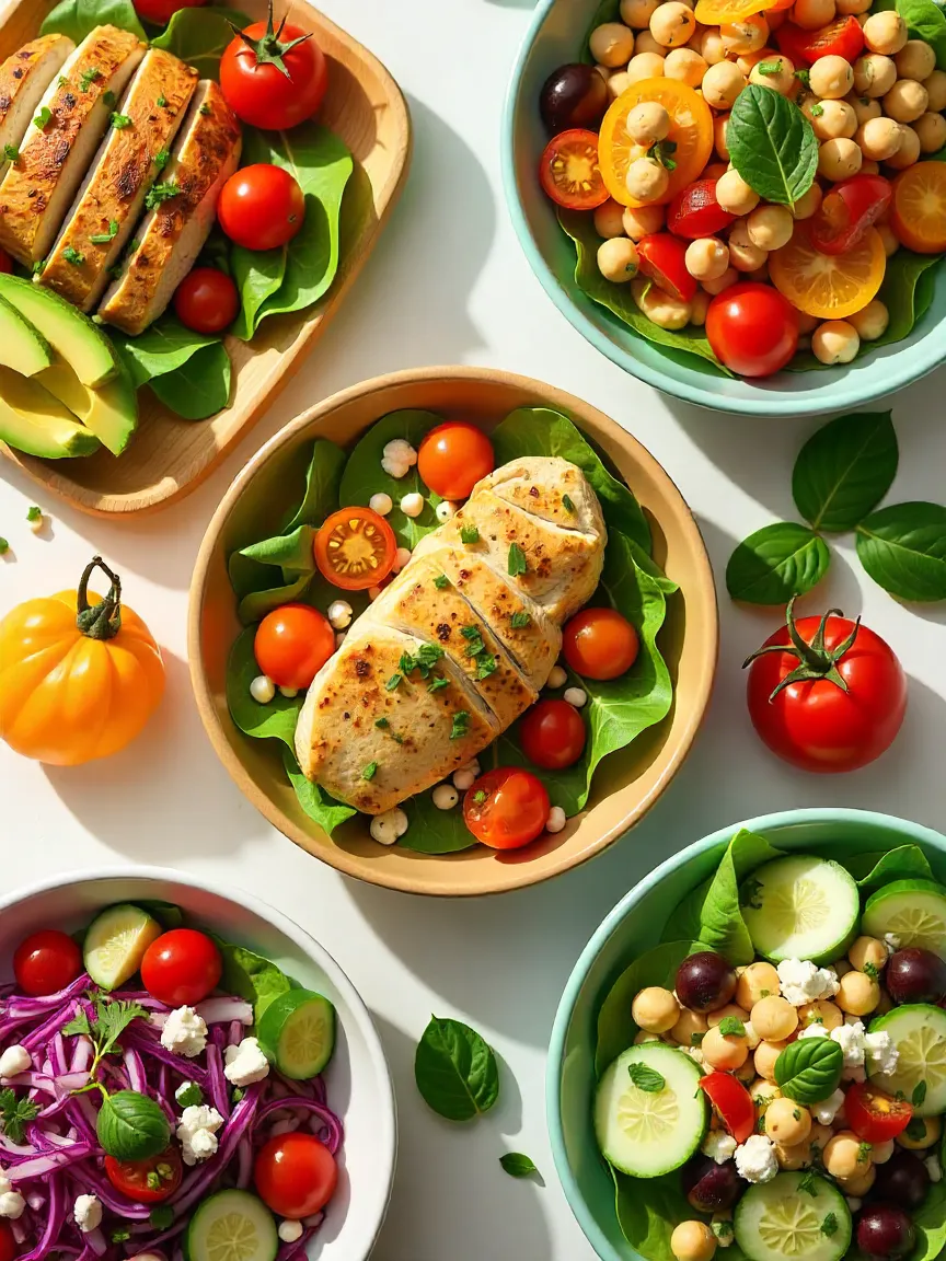 Colorful bread-free salads including chicken salad, quinoa veggie bowl, and Mediterranean salad with feta and olives.