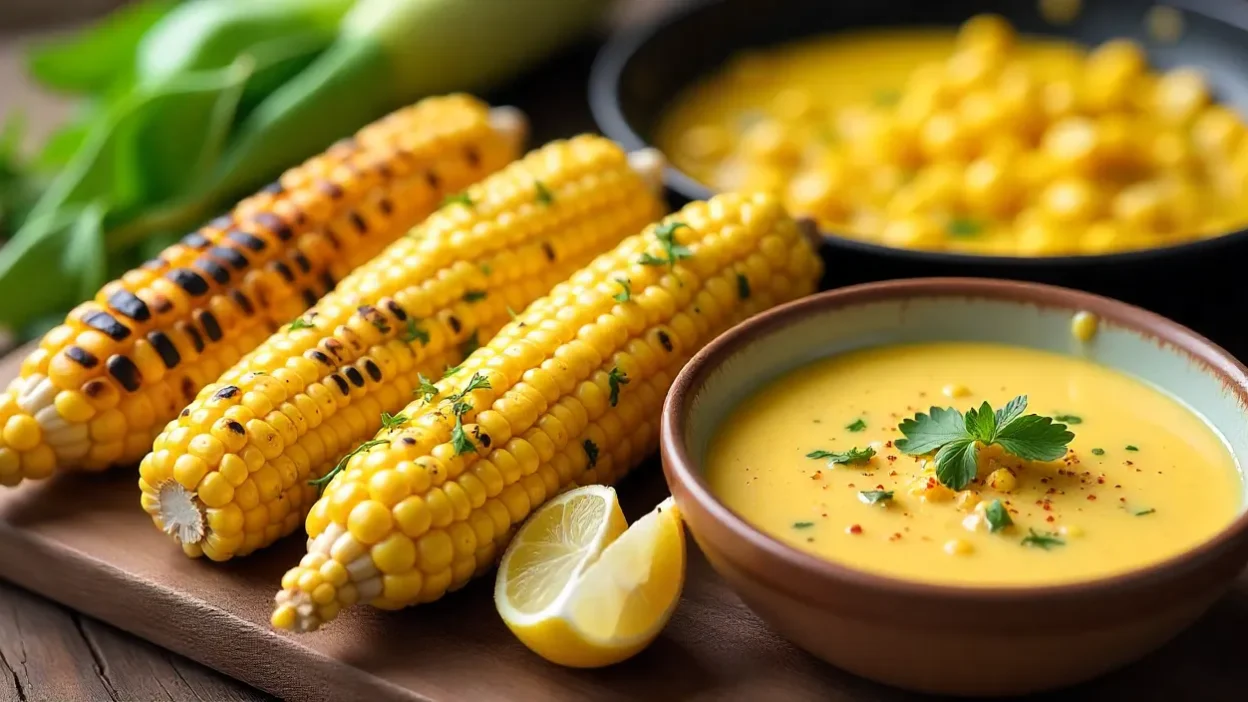 Fresh summer corn served four ways: grilled on the cob, buttered boiled corn, sautĂŠed kernels in a skillet, and a bowl of creamy corn chowder.