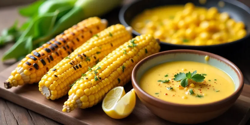 Fresh summer corn served four ways: grilled on the cob, buttered boiled corn, sautéed kernels in a skillet, and a bowl of creamy corn chowder.