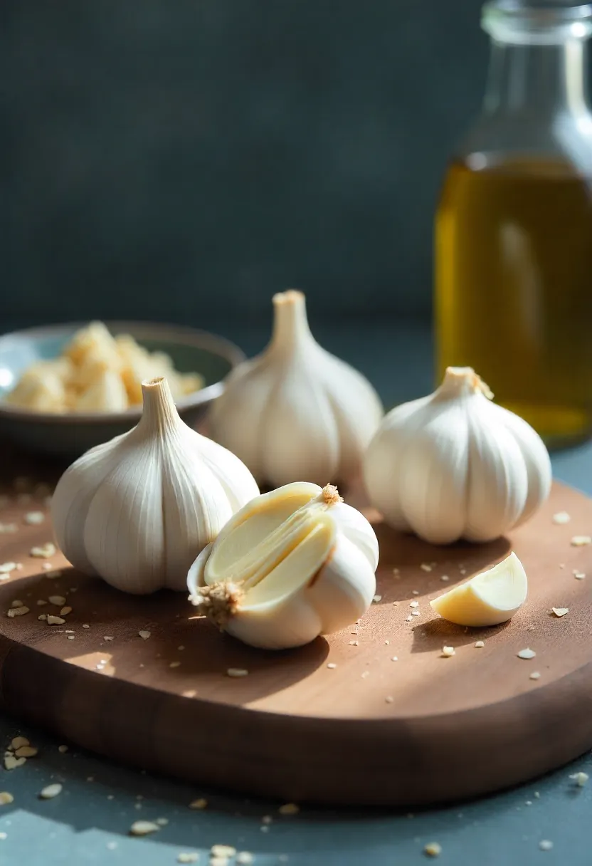 Fresh garlic bulbs and cloves on a wooden board with olive oil, ready for cooking.
