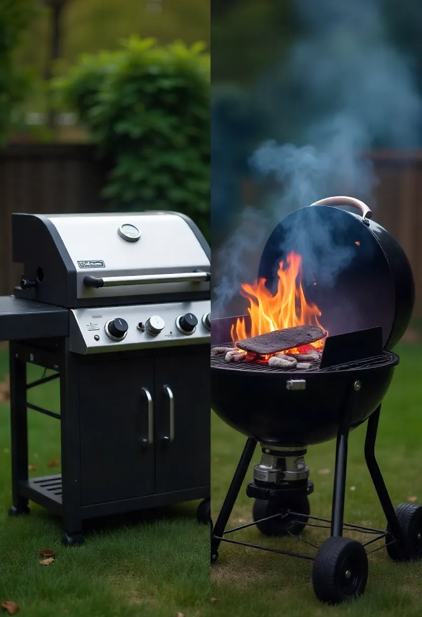 A side-by-side comparison of gas and charcoal grills showing visual differences in flame, smoke, and setup in a backyard cooking environment.