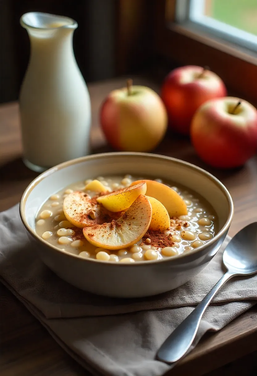German barley porridge Gerstenbrei with apples, nuts, and cinnamon served in a bowl on a rustic wooden table with milk and fresh fruit.