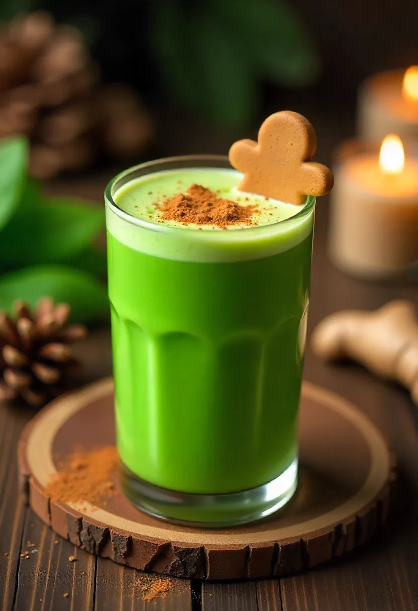 Gingerbread green smoothie in a glass with cinnamon and gingerbread cookie, surrounded by spinach and festive winter decor.