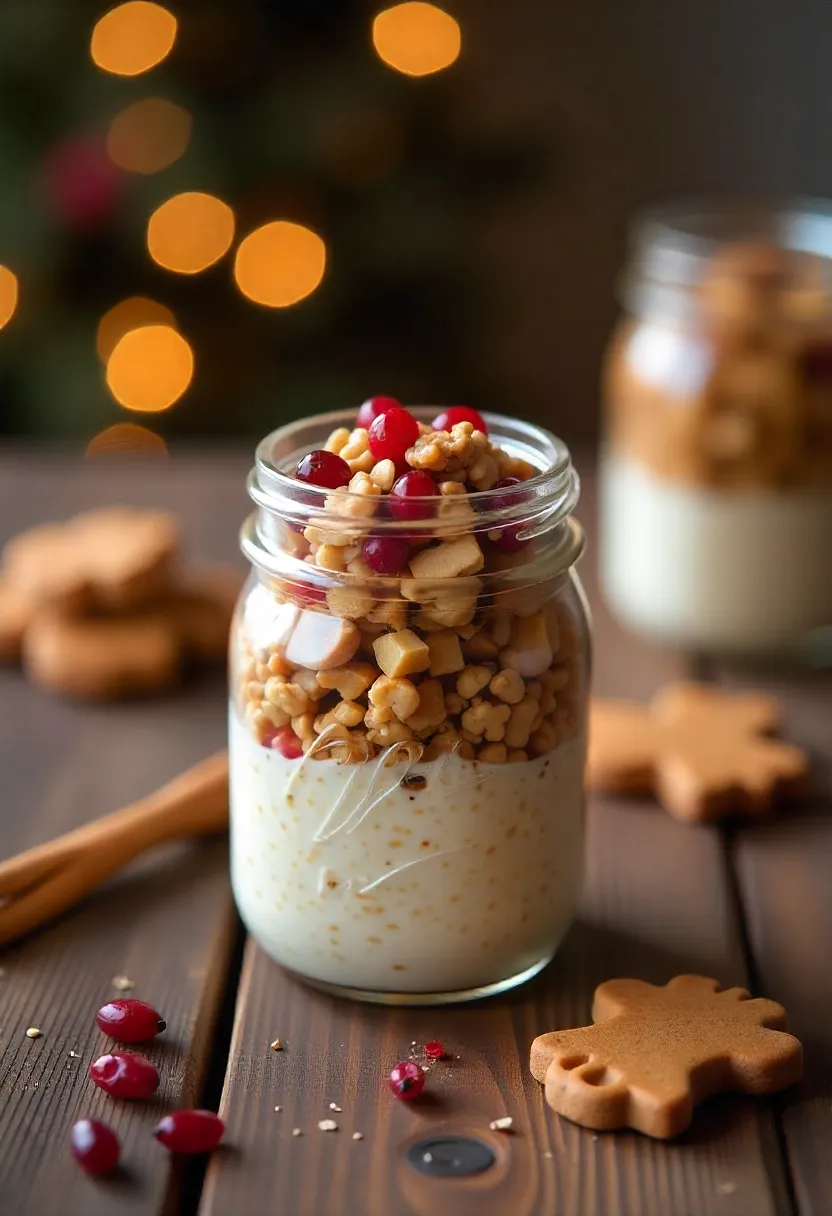 Gingerbread overnight oats in a jar topped with walnuts, cranberries, and honey, a festive and healthy winter breakfast meal prep recipe.
