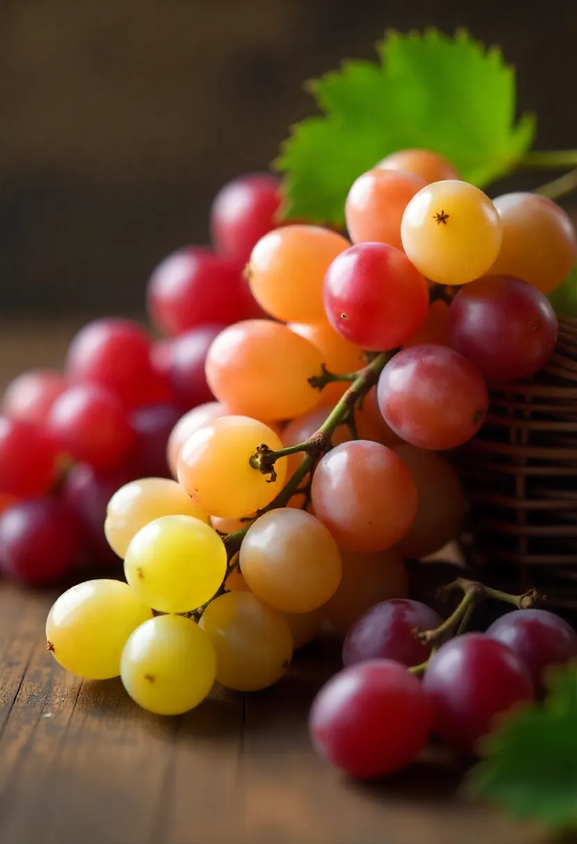 Fresh red and green grapes spilling from a basket onto a rustic wooden table.