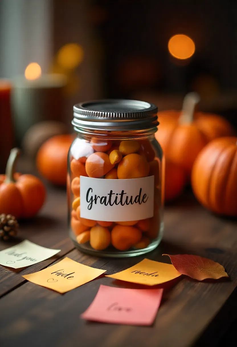 Glass gratitude jar with colorful paper slips surrounded by candles, pumpkins, and autumn leaves on a wooden table.