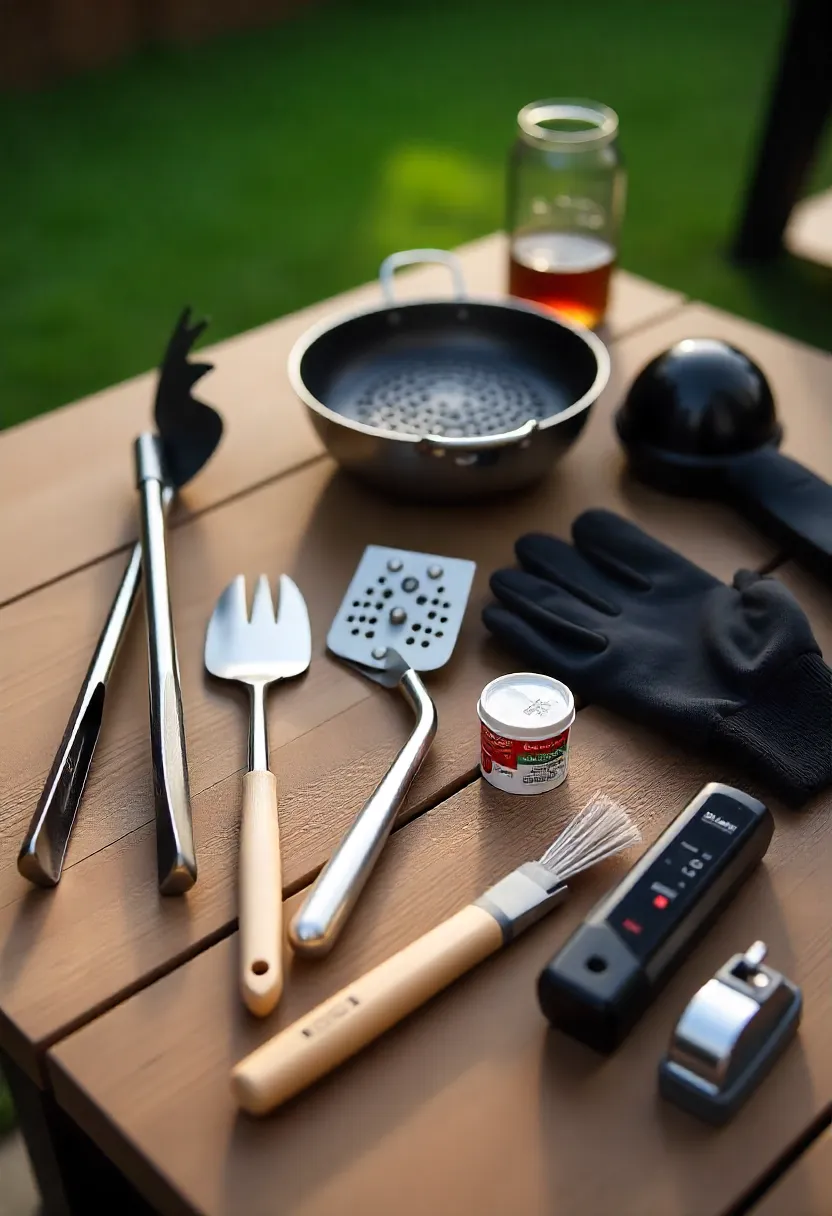 A collection of essential grilling accessories including tongs, spatula, gloves, grill brush, chimney starter, and thermometer arranged on a prep table.