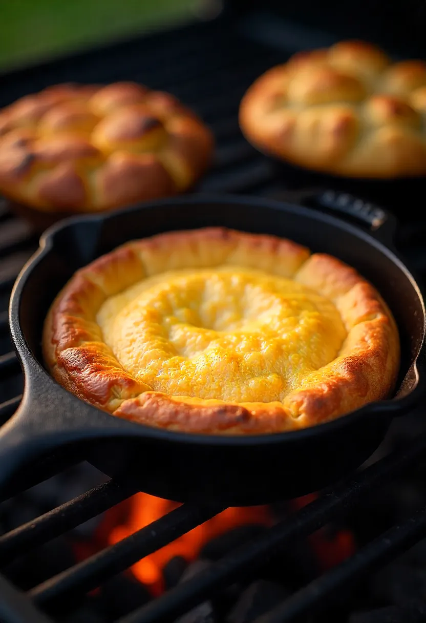 Realistic photo of grill-baked desserts and breads, including a skillet cookie, cornbread with corn, and a rustic apple crisp.