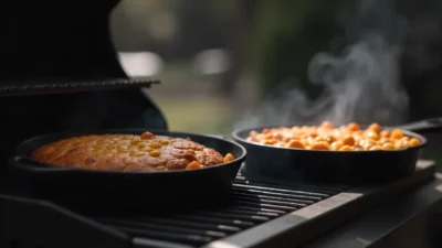 Realistic photo of a cast iron skillet with cornbread baking on a grill, with light smoke rising in a summer backyard setting.