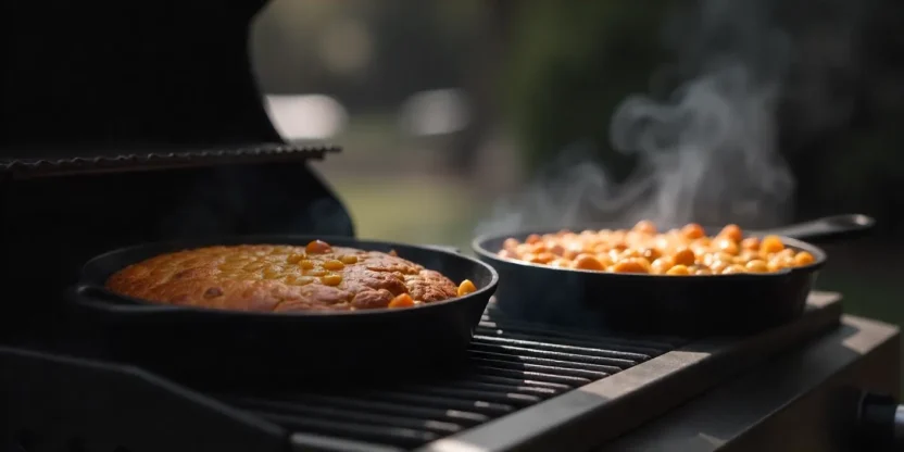 Realistic photo of a cast iron skillet with cornbread baking on a grill, with light smoke rising in a summer backyard setting.