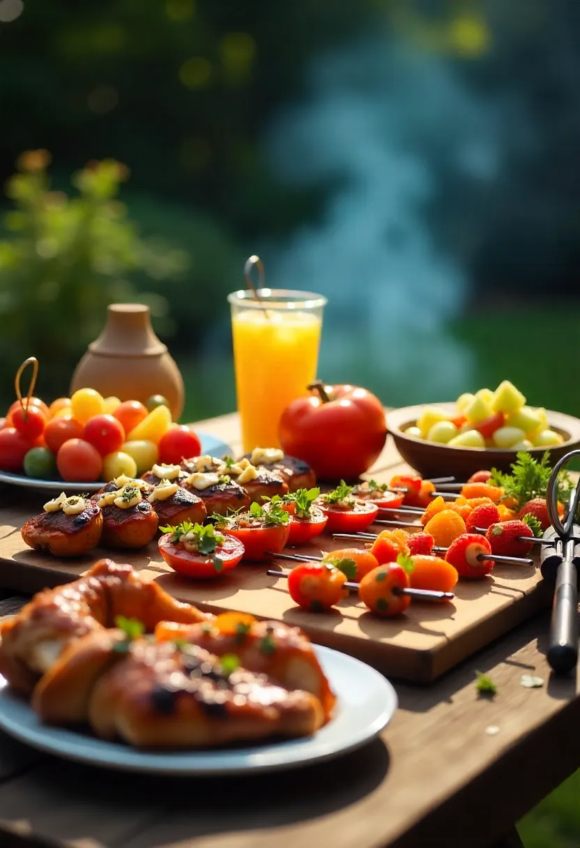 Realistic photo of a summer cookout spread with grilled vegetables, fruit salad, barbecue chicken, and essential grilling tools on a backyard table.