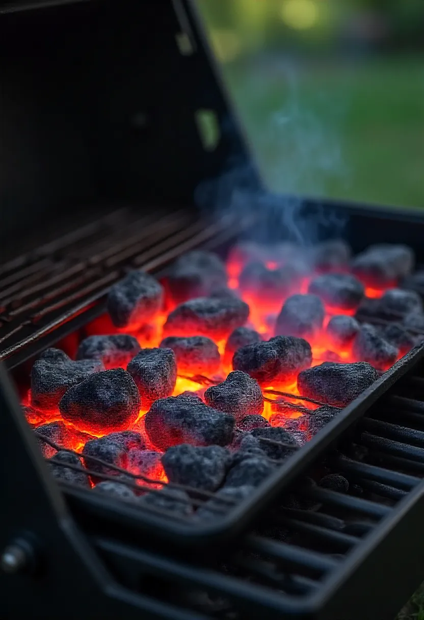Realistic photo of a grill set up with indirect heat—charcoal banked to one side and empty space for baking, or gas grill with only one burner on.