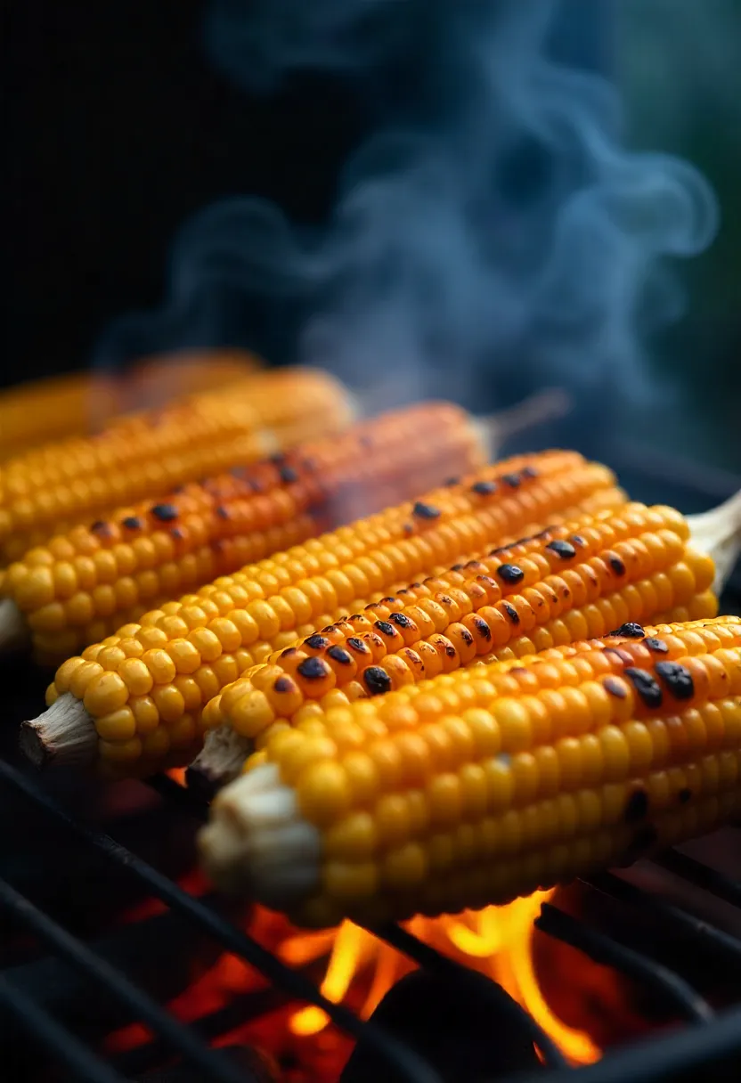 Corn on the cob grilled over open flames with golden, charred kernels.