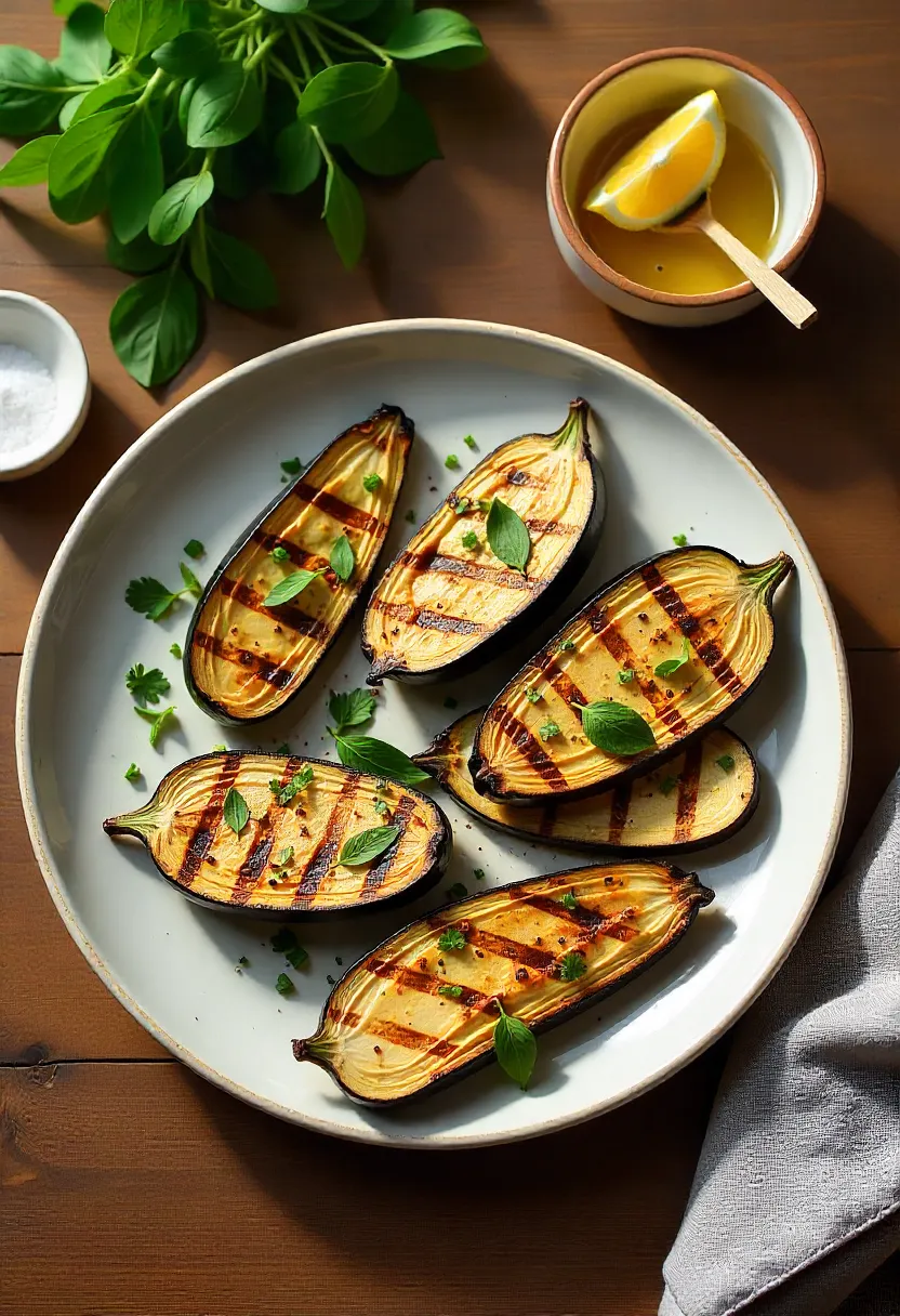 Realistic overhead photo of grilled eggplant with garlic oil, herbs, and seasoning, styled as a cheat sheet for perfect grilling.