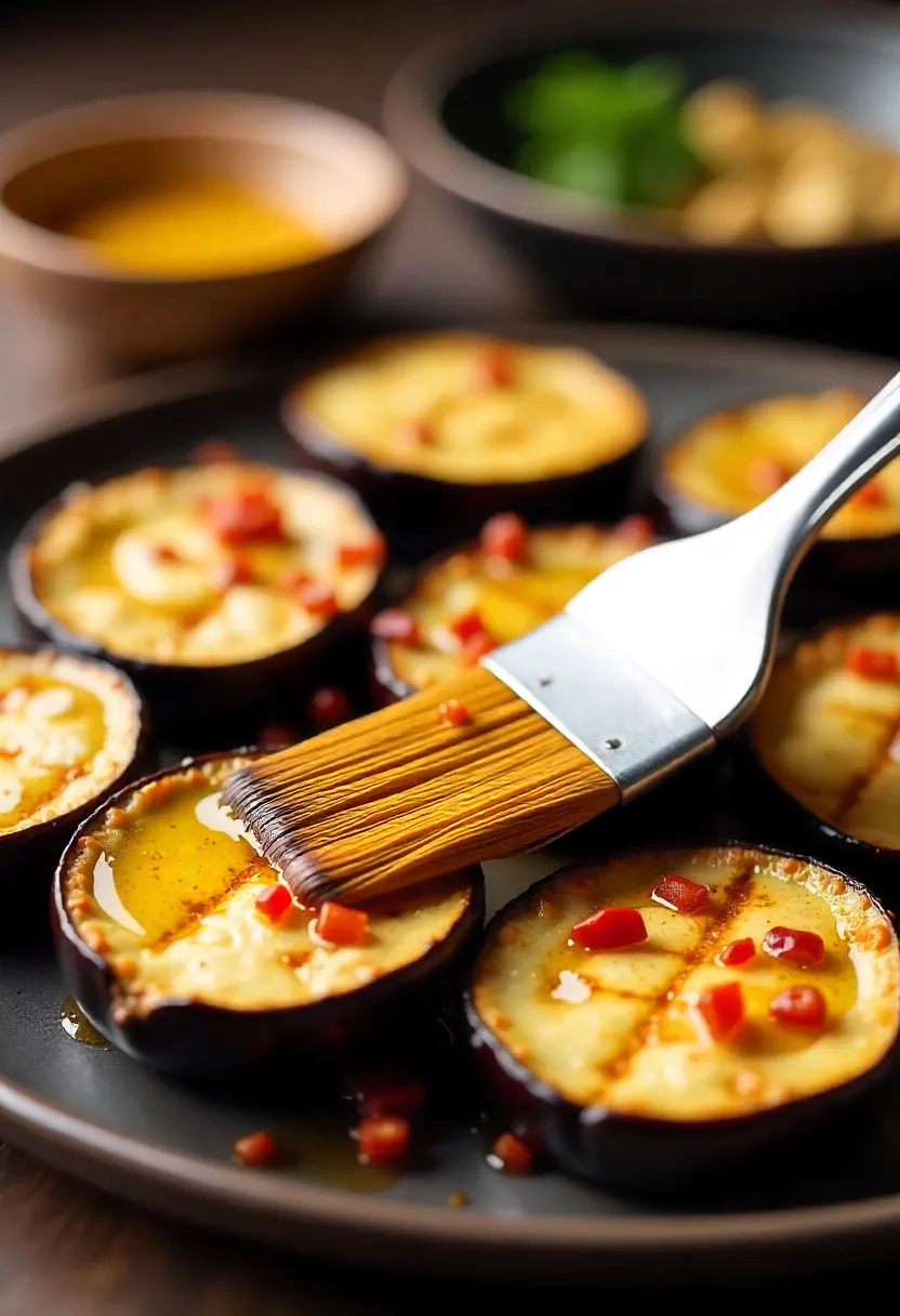 Realistic photo of grilled eggplant slices brushed with garlic-chile oil, with a bowl of crispy garlic and chile flakes in the background.