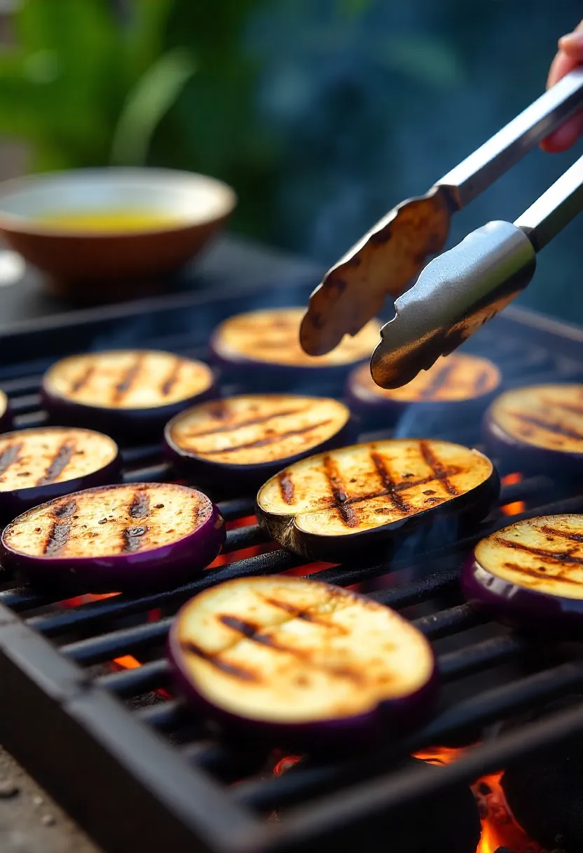 Realistic photo of eggplant slices on a grill with charred grill marks, showing the importance of waiting before flipping for perfect texture.