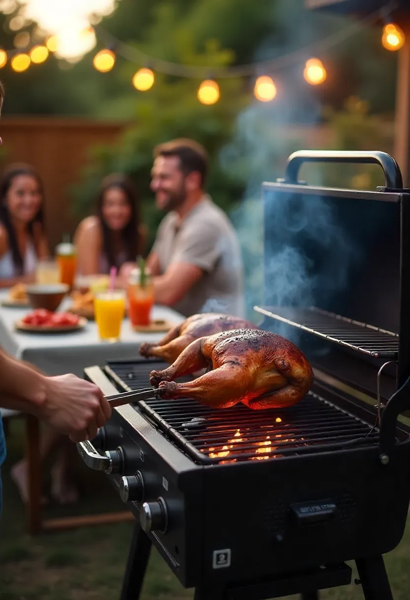 Backyard BBQ setup featuring fun extras like a rotisserie, marinade trays, meat injector, and a Bluetooth speaker, creating a festive and upgraded vibe.