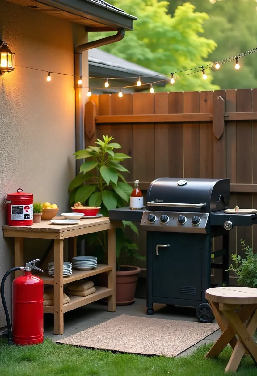 A safe and organized outdoor grilling setup with a fire extinguisher, first aid kit, prep table, gloves, and lighting for clean and secure cooking.