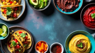 A colorful spread of healthy black bean recipes including tacos, salad, hummus, and a quinoa bowl, styled on a rustic table with fresh ingredients.