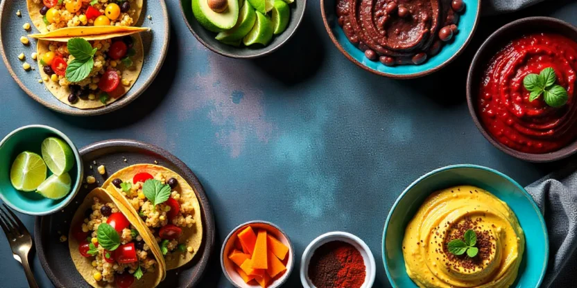 A colorful spread of healthy black bean recipes including tacos, salad, hummus, and a quinoa bowl, styled on a rustic table with fresh ingredients.