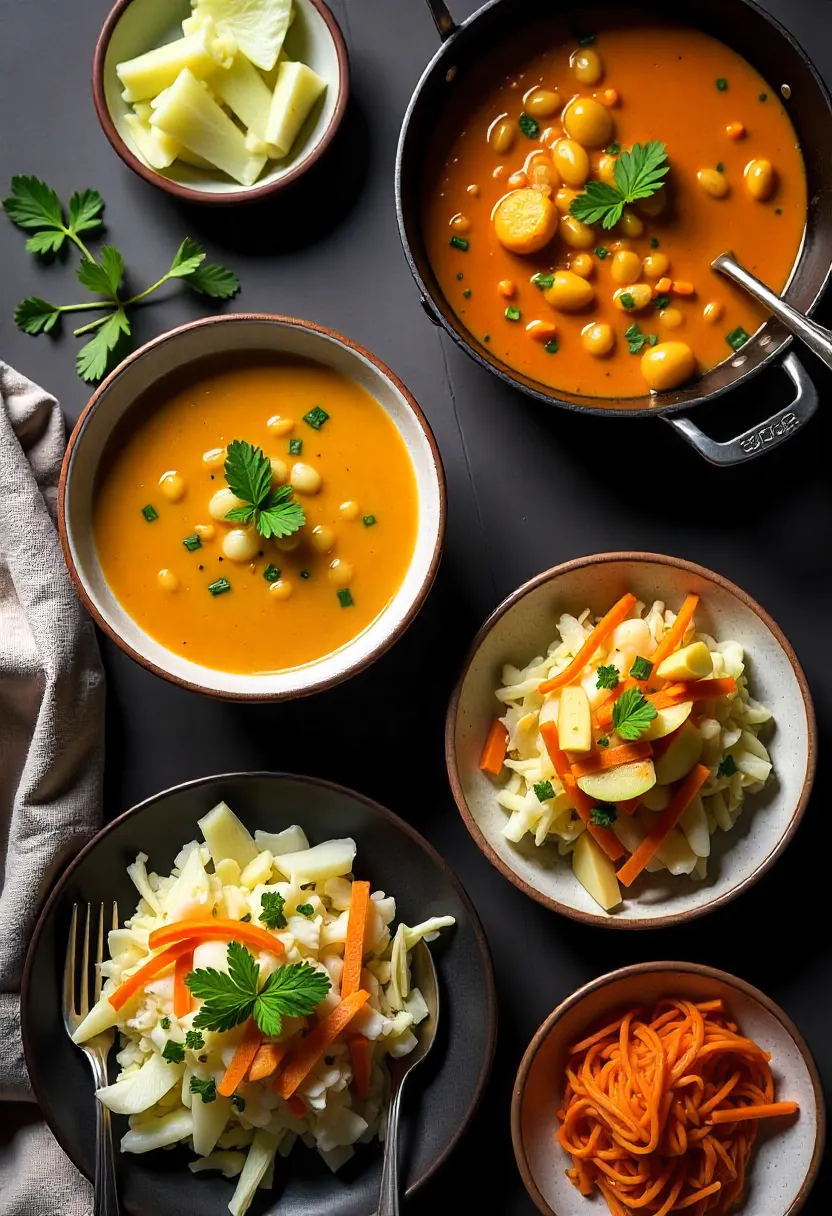 Assorted healthy cabbage dishes including soup, stir-fry, salad, and kimchi arranged on a rustic table with herbs and natural lighting.