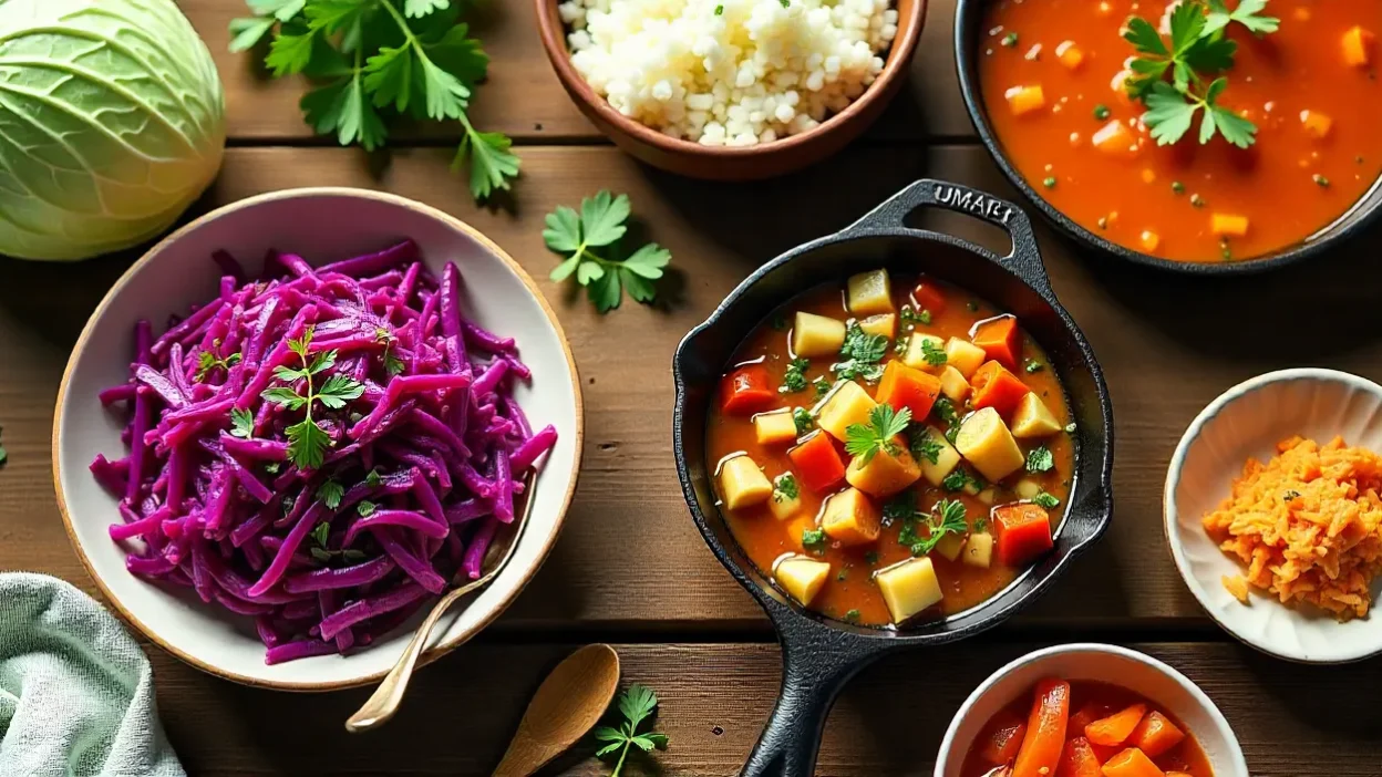 Overhead view of a rustic table with vibrant healthy cabbage dishes including slaw, soup, stir-fry, and fermented sides surrounded by fresh cabbage heads.