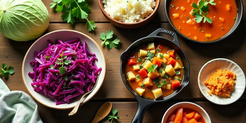 Overhead view of a rustic table with vibrant healthy cabbage dishes including slaw, soup, stir-fry, and fermented sides surrounded by fresh cabbage heads.