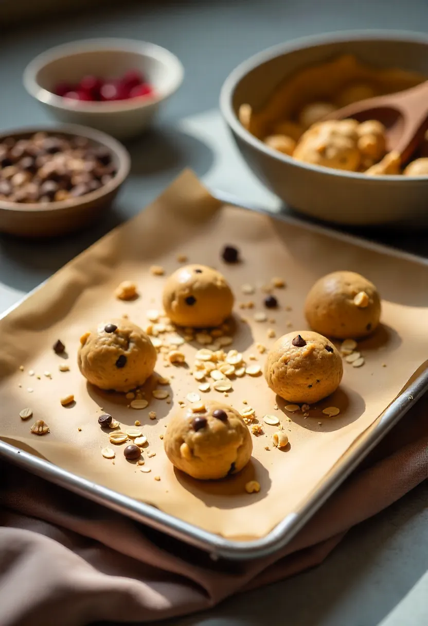 Healthy cookie dough balls on a baking tray with oats, nuts, chocolate chips, and bowls of natural add-ins like cranberries, seeds, and maple syrup.
