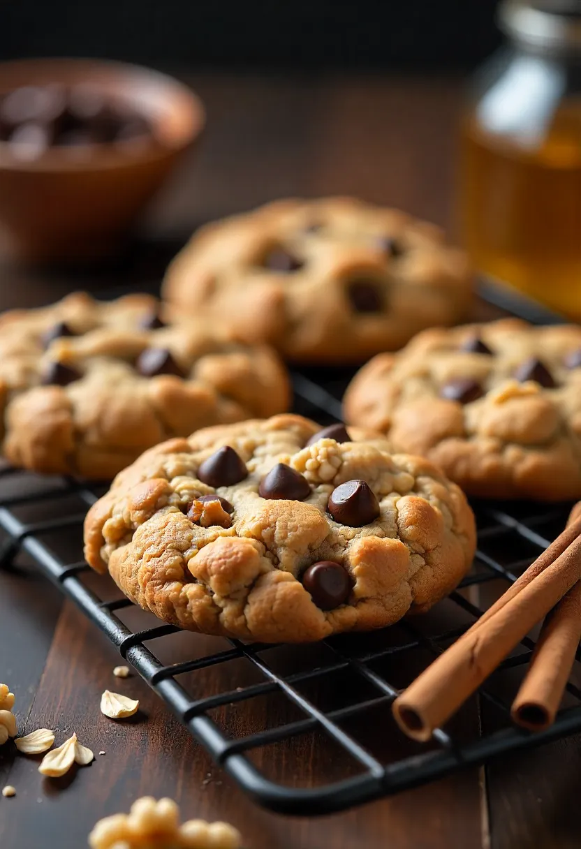 Chewy healthy cookies with dark chocolate chips, oats, and walnuts on a cooling rack with cinnamon, vanilla, and honey around them.