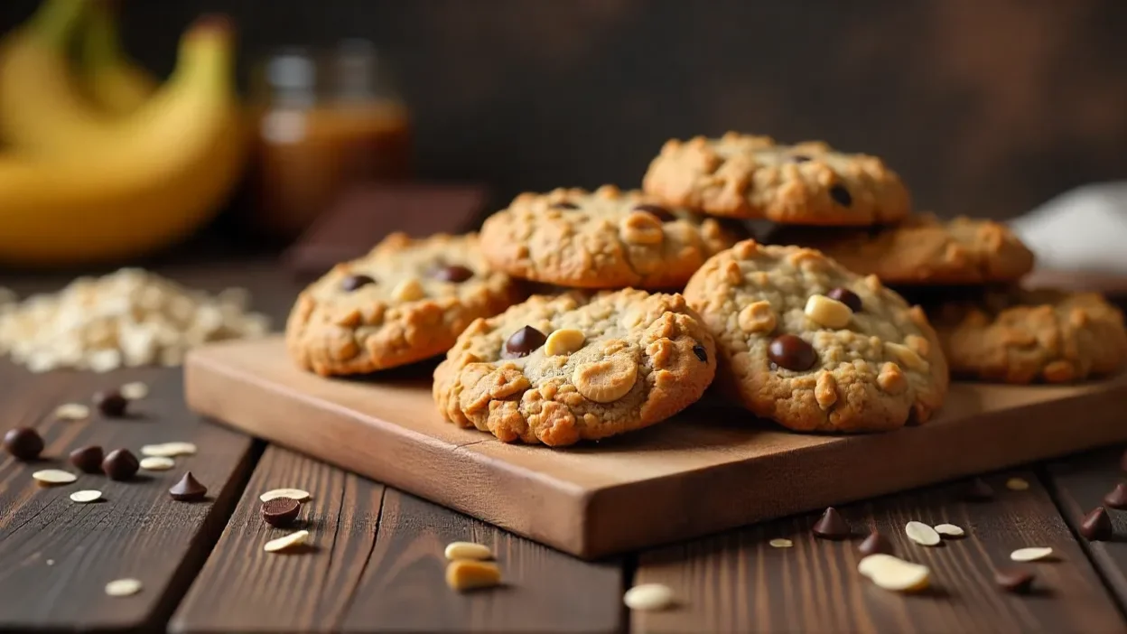 Assorted healthy cookies including oatmeal raisin, almond flour chocolate chip, and nut butter cookies on a wooden table with natural ingredients around.