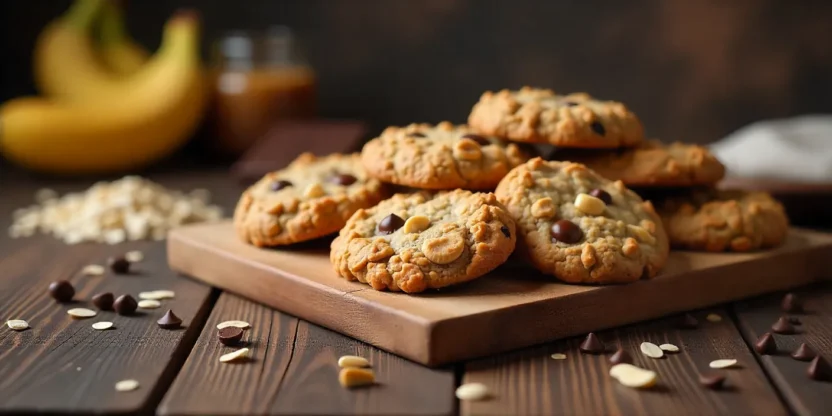 Assorted healthy cookies including oatmeal raisin, almond flour chocolate chip, and nut butter cookies on a wooden table with natural ingredients around.