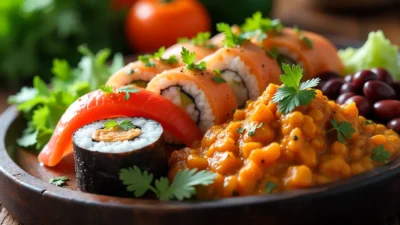 A mix of international healthy foods including sushi, curry, beans, chocolate, and fresh produce representing global eating habits.