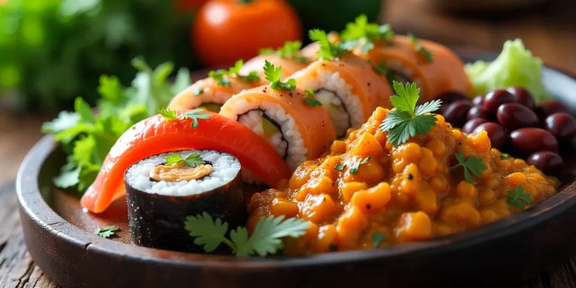 A mix of international healthy foods including sushi, curry, beans, chocolate, and fresh produce representing global eating habits.