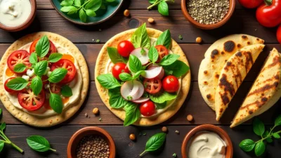 An overhead view of healthy flatbreads topped with vegetables, hummus, and herbs, arranged on a rustic table with dips and seeds for a fresh, vibrant look.