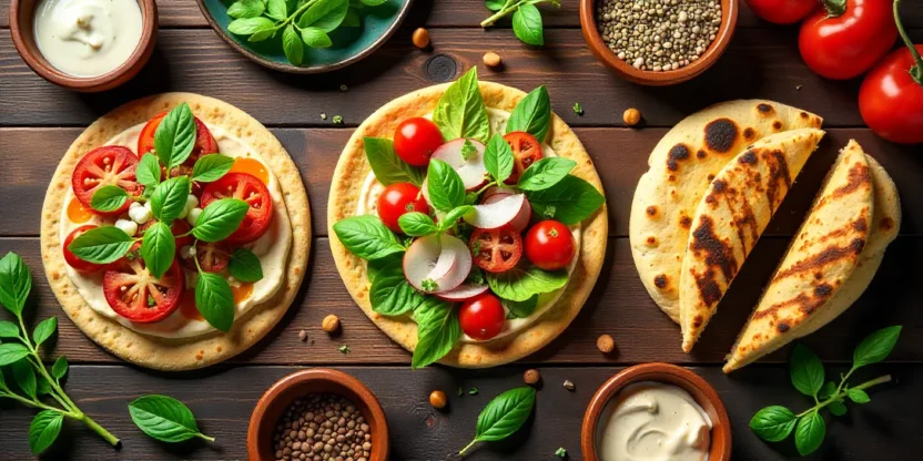 An overhead view of healthy flatbreads topped with vegetables, hummus, and herbs, arranged on a rustic table with dips and seeds for a fresh, vibrant look.