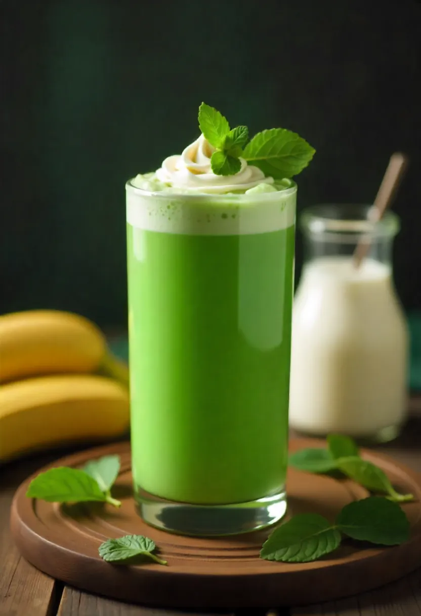 Healthy shamrock shake with banana, spinach, and mint in a tall glass, served on a wooden table as a bedtime drink