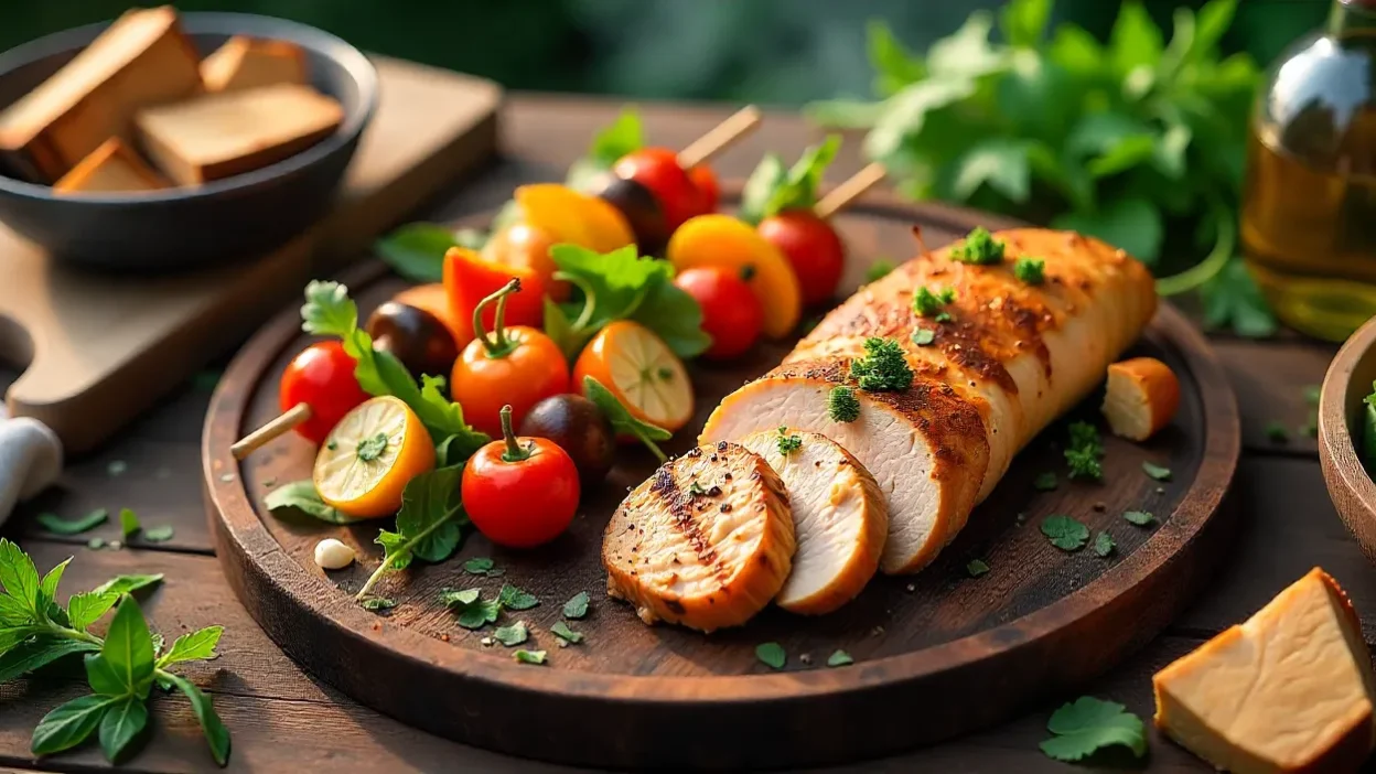 Overhead view of smoked chicken and vegetable skewers served with salad on a rustic wooden table near a smoker, surrounded by herbs and wood chips.