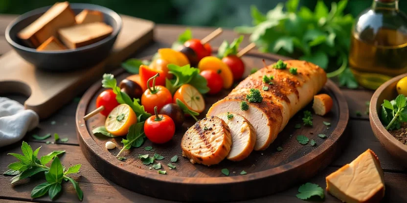 Overhead view of smoked chicken and vegetable skewers served with salad on a rustic wooden table near a smoker, surrounded by herbs and wood chips.