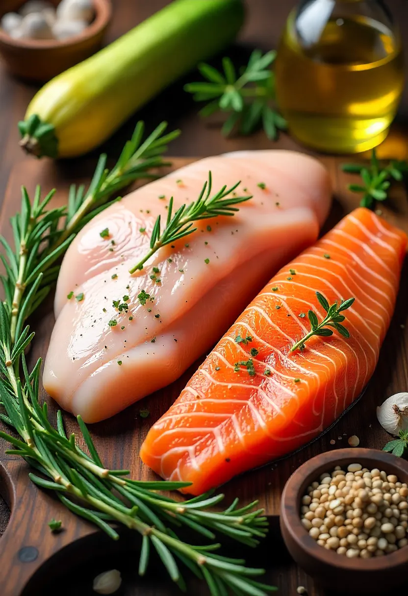 Flat lay of lean meats, fresh vegetables, and herbs ready for healthy smoking