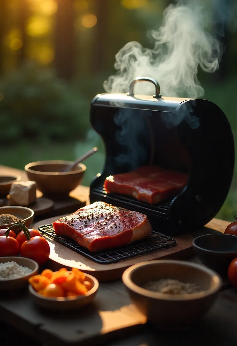 Healthy smoking setup with wood chips, herbs, lean meats, and smoker in use outdoors