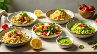 A vibrant spring table featuring five healthy dishes made with seasonal ingredients like asparagus, peas, zucchini, and fresh herbs.