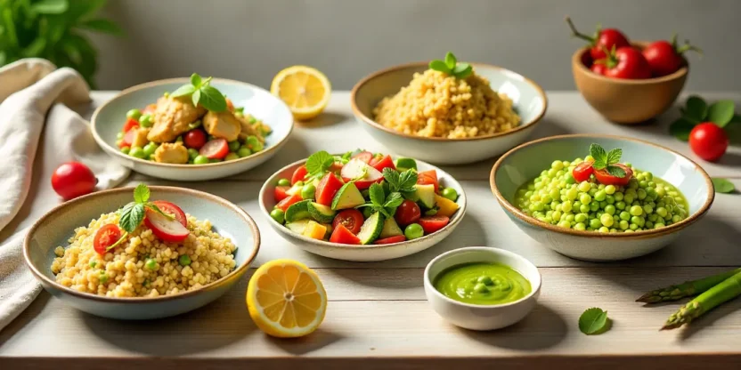 A vibrant spring table featuring five healthy dishes made with seasonal ingredients like asparagus, peas, zucchini, and fresh herbs.