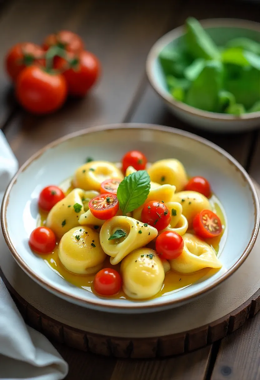 A bowl of colorful vegetable tortellini with herbs and olive oil, served on a rustic table next to a fresh side salad.